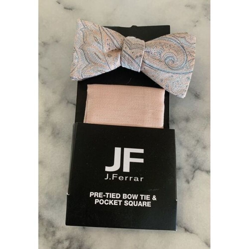 JF J Ferrar Pretied Bow Tie Bowtie Pocket Square Light Pink Adjustable MSRP‎ $40